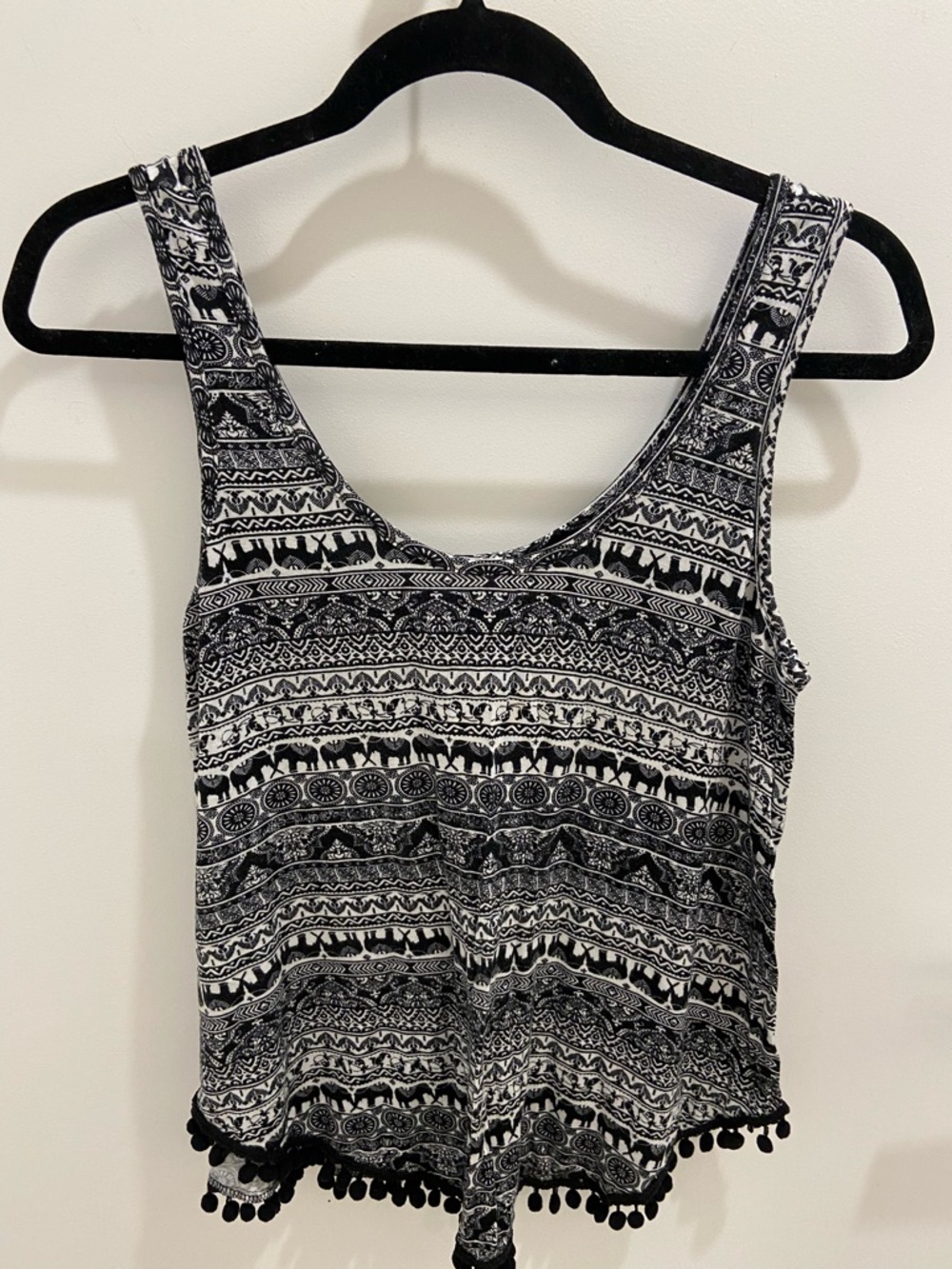 Blu Planet Elephant Black & White Printed Pom-Hem Tank Top